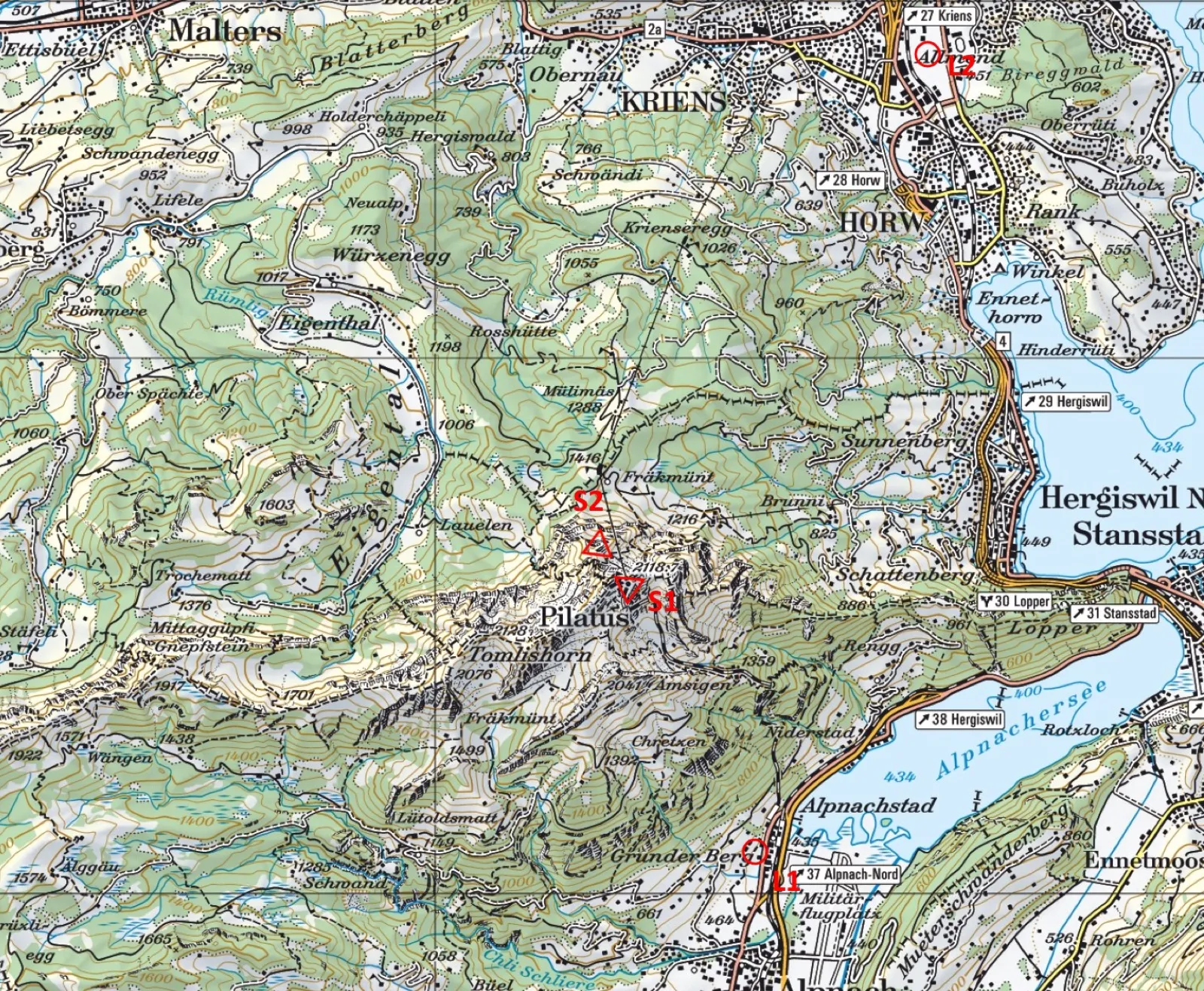 Übersichtskarte Pilatus mit Start- und Landeplätzen S1, S2, L1, L2
