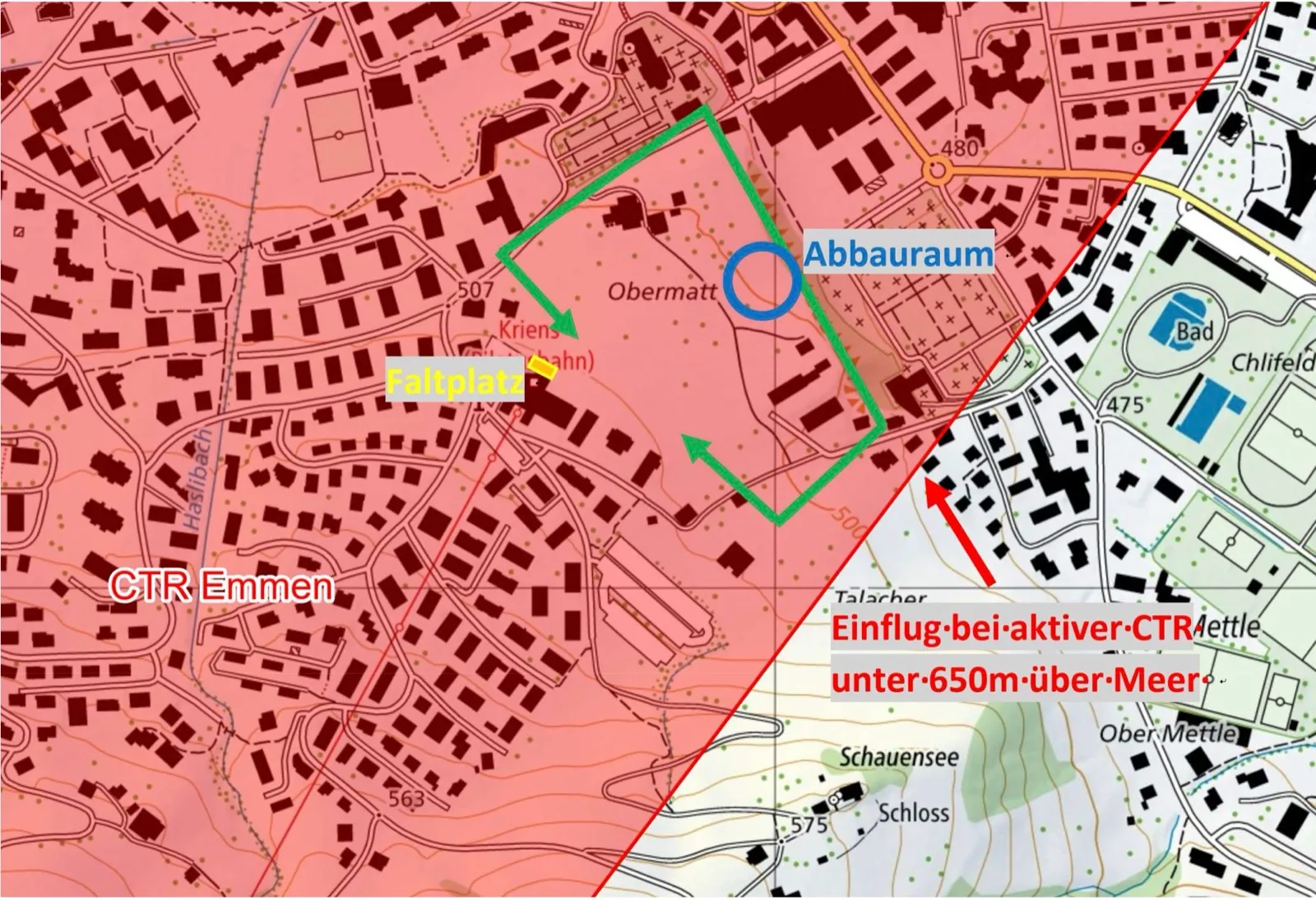 Landeplatz Kriens in der CTR Emmen mit Anflug, Faltplatz und Abbauraum